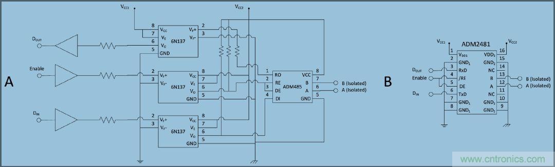 RS-485收發(fā)器和3個光耦合器與單片IC