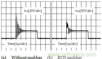 加RCD吸收電路前后vds的實(shí)驗(yàn)波形