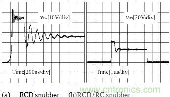 加RCD吸收電路及RCD/RC雙重吸收電路后vds的實(shí)驗(yàn)波形