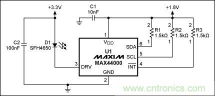 圖2：MAX44000典型電路，帶有發(fā)射器旁路