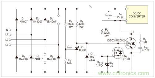 圖1：三相整流器使用了一只開(kāi)關(guān)IGBT和一只電容