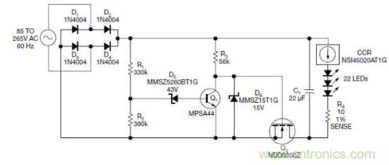 圖1：電路以恒流驅(qū)動(dòng)一串LED，可用于全世界的各種交流電壓