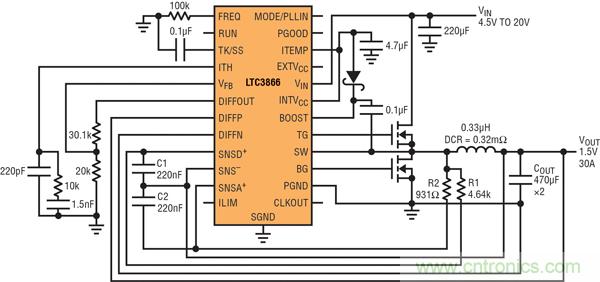 圖2：以非常低的DCR完成采樣的高效率、1.5V/30A降壓型轉(zhuǎn)換器