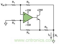 圖1. 改進(jìn)型Howland電流源驅(qū)動(dòng)接地負(fù)載。