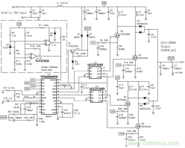 TPS40090 多相降壓控制器的 4 相、300W 升壓電源