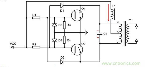 T1電流為0  C1兩端電壓達(dá)到最大值