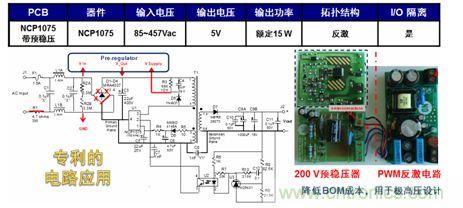 基于NCP1075開關(guān)穩(wěn)壓器和200 V預(yù)穩(wěn)壓器的極寬電壓范圍15 W參考設(shè)計(jì)。