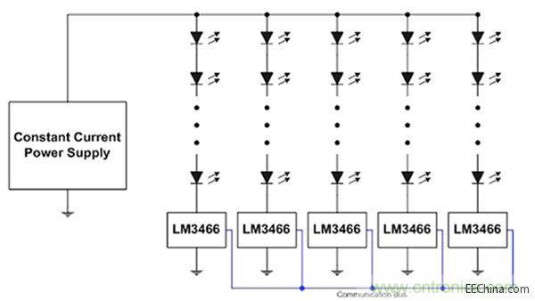 采用LM3466實(shí)現(xiàn)多串LED照明配置原理圖