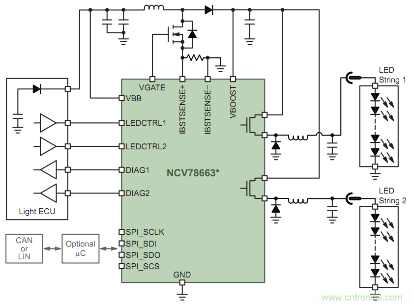 安森美半導(dǎo)體單芯片智能前照燈LED驅(qū)動(dòng)器NCV78663應(yīng)用電路圖