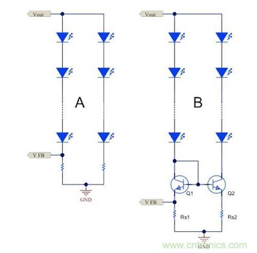 電流鏡 (B) 可針對簡單電阻器電流調(diào)節(jié) (A) 提供各種優(yōu)勢。