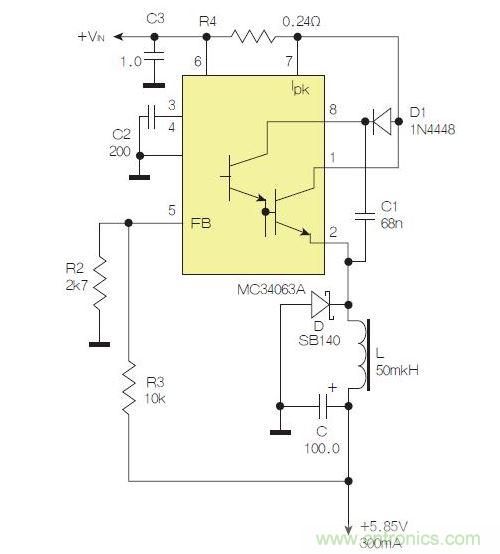 采用降壓配置中廣為使用的MC33063/MC34063的一個(gè)示例。