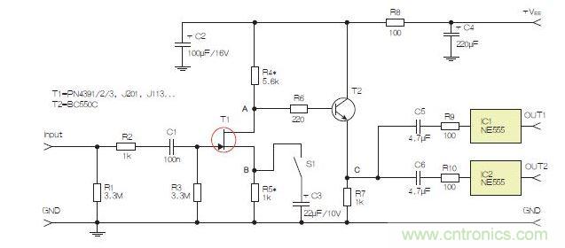 所示電路采用兩個(gè)工作在不同頻率下的555定時(shí)器，以獲取不同的音