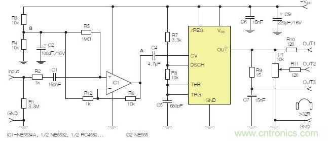 含運(yùn)算放大器和NE555定時(shí)器的耳機(jī)和音頻線路驅(qū)動(dòng)器。也可以使用CMOS版本(如LMC555)，但輸出電流較低。其優(yōu)點(diǎn)為工作頻率較高。