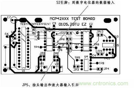 這是對圖2所示電路的第一次布線嘗試。此配置在模擬線路上產(chǎn)生不規(guī)律的噪聲，這是因為在特定數(shù)字走線上的數(shù)據(jù)輸入碼隨著數(shù)字電位器的編程需求而改變。