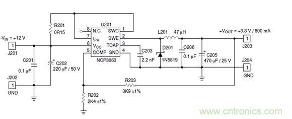 Buck電路應(yīng)用實(shí)例-輸入9～12V，輸出3.3V 800mA電路