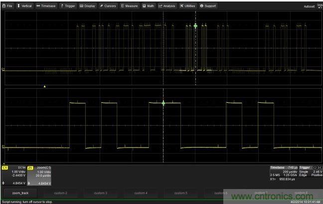 使用CustomDSO運行VB腳本“zoom_Track.lss”。當(dāng)腳本運行時，縮放波形的中心將跟蹤水平的光標絕對位置。從圖中可以看出，光標將永遠位于縮放波形Z1的中心