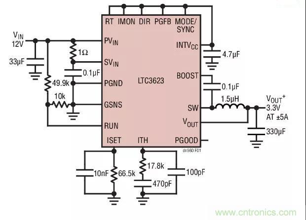 高效率、15V 軌至軌輸出同步降壓型穩(wěn)壓器能提供或吸收 5A